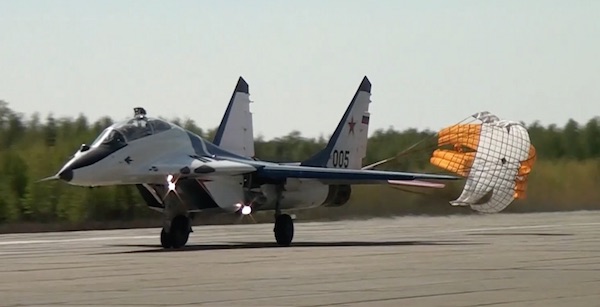 Mig29 on landing with parachute.